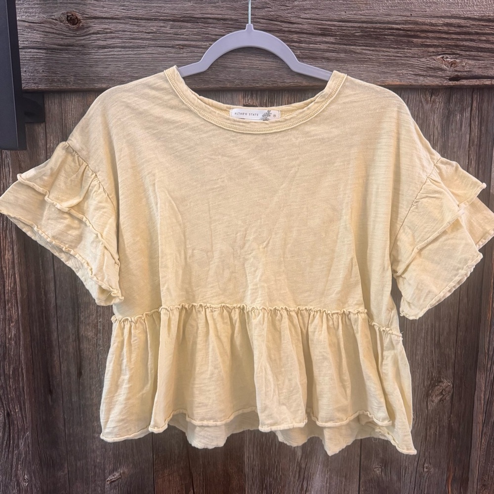 Altar’d State Laina Babydoll Top Yellow Ruffle Crop Boho Feminine Spring Medium - Picture 2 of 4